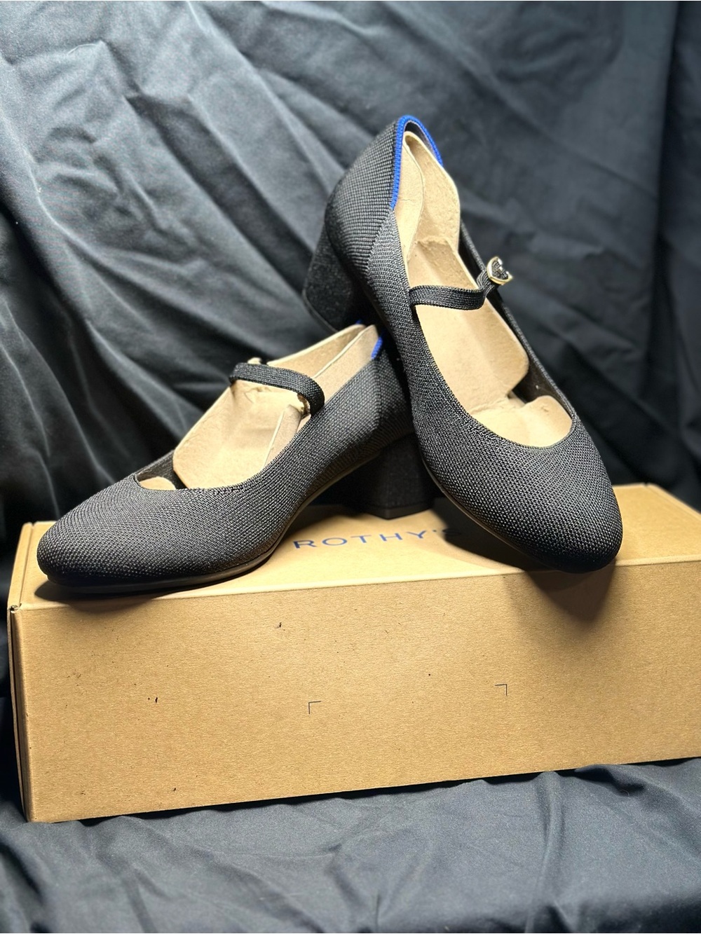 Rothy's Black Knit Mary Jane Block Heel with Blue Trim